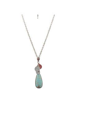 Silver & Turquoise Pendant Necklace With Hammered Discs By JK By Thirty-One